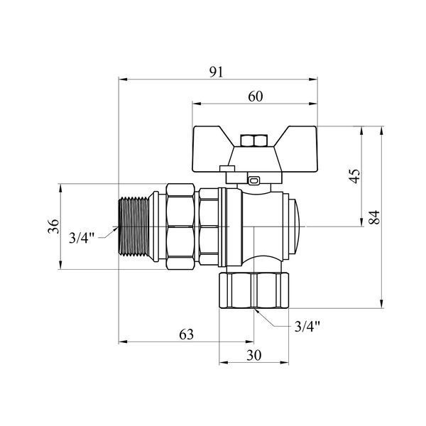 Кран-американка кульовий кутовий Kroner 3/4" ВЗ PN40 метелик, нікельований CV033224 фото